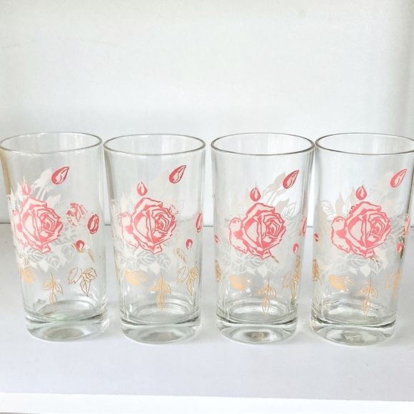 Dining | Clear Glass Tumblers With Pink Roses Floral Drinking Glasses | Poshmark